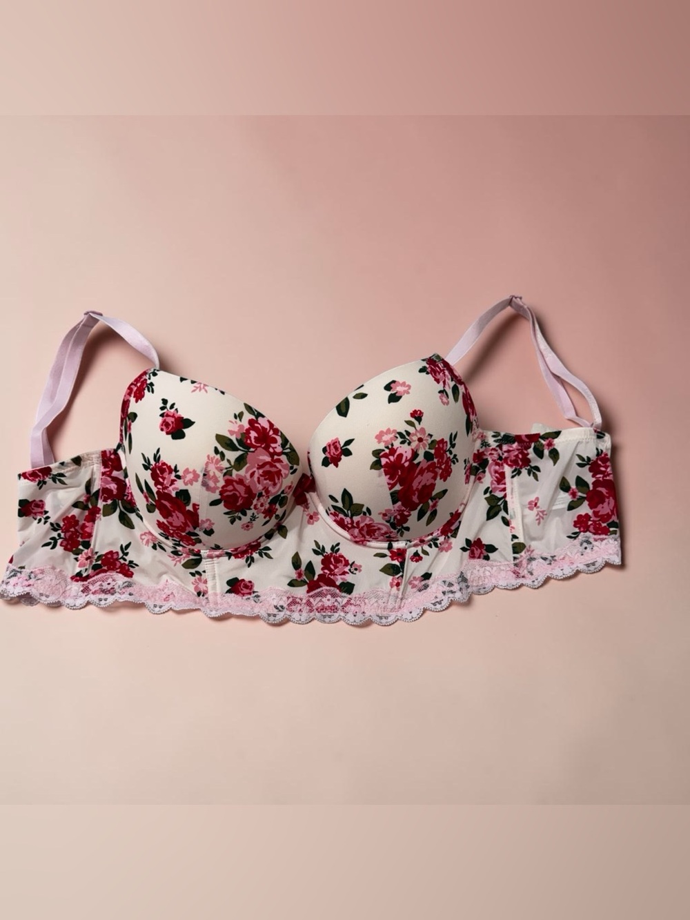 Adore Me Floral Longline Bustier Bra 34DD Pink Rose Lace
